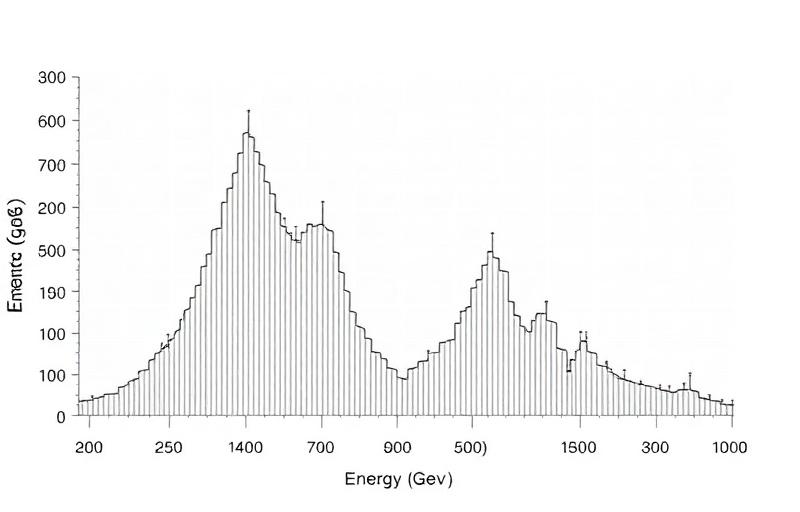 Histogram showing the energy spectrum of detected positrons with statistical error bars. The spectrum shows the Michel edge near 52 MeV and the energy threshold used for analysis.
